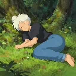 girl sorcerer with white hair in a hairbun, wearing a black tshirt, and wearing blue jean. she is laying down sleeping, in a forest landscape. digital art, environment concept art, by rossdraws, ghibli, art by greg rutkowski