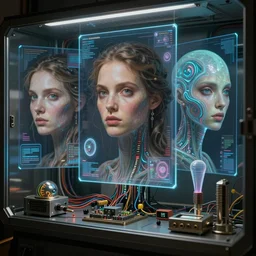 Ladies, with detailed faces, in holograms of alien artifacts, electrical case display, total recall tech, , ultrarealistic, dramatic lighting, electrical details, high details, 4k, 8k, best, accurate, trending on artstation, artstation, photorealism, ultrarealistic, digital painting, style of Peter Mohrbacher, Caravaggio, Boris Vallejo