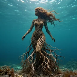 dslr esculpture made from roots interwovem in the shape of a woman in the bottom of the sea, 8 5 mm f 1. 8