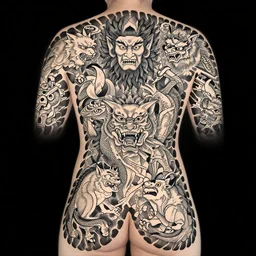 an ornate tattoo design of japanese ainu tribe, various animals, monster, twisted god with no face, by makoto shinkai. intricate details, rectilinear, centered, trending on artstation, featured on behance, 8 k, vector art, digital art
