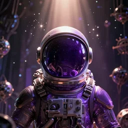 detailed symmetry!!, ( trippy purple closed astronaut helmet ), small twinkling stars behind, by artgerm and charlie bowater and chris rallis, dark age aether punk style, global illumination, radiant light, god rays, bokeh, digital illustration, cg society, unreal engine 5, ray tracing