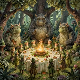 a tree monsters party with elves by brian froud, highly detailed, intricate, fantasy, concept art, lighting by greg rutkowski
