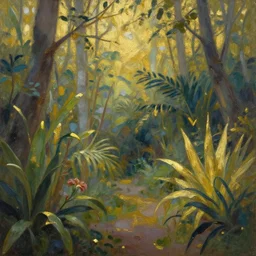 chernobyl tropical garden. gouache and gold paint, russian romanticism, muted palette, backlighting, depth of field.