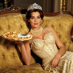 young sophia loren having pizza served on a silver platter, relaxed pose on antique luxury sofa, intricate ornamented tiara, opulent pearl necklace, laced dress, golden lighting, burlesque photo by letizia battaglia