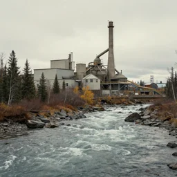 A cement factory next to river rapids in the Yukon, by Victor Mosquera, muted colour scheme