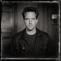 tintype photograph of agent dale cooper from twin peaks in the red room, old, grainy, ominous, black and white