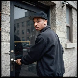 Portrait of a 1990s Philadelphia b-boy looking back while exiting his brutalist apartment, hand on the doorknob, photographed for Reuters, Kodak Portra 400, 25mm f/1.8, light diffusion, contrast, film grain, 8k archival print, after Petrus van Schendel