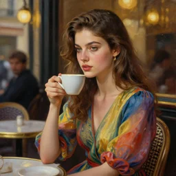beautiful oil matte portrait painting, young women in multicolored dresses drinking coffee outside a french cafe, detailed face, wonderful masterpiece highly detailed, beautiful cinematic light deep focus, elegant, digital painting, smooth, sharp focus, golden ratio, dramatic illumination, ultra realistic, 8 k, art by jimmy law and caravaggio