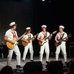 still from a 1 9 6 0 s concert film, a group of 4 men dressed in peppermint themed sailor outfits play a rock concert, moody lighting, viewed from afar, cinematic shot