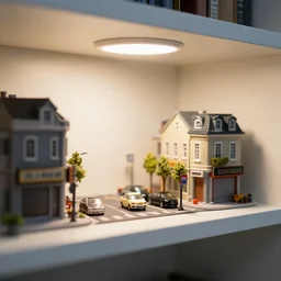 photo still of shelf with a miniature street, lateral view, 8 k, studio lighting bright ambient lighting key light, 8 5 mm f 1. 8