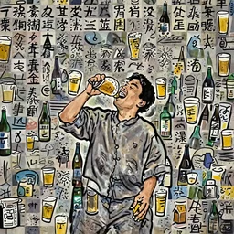 a man happily drinks beer by Kimitake Yoshioka.