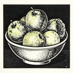 bowl of fruit, linocut, very beautiful masterpiece