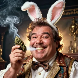 hyper realistic, portrait of a mega derpy john candy, big chungus, with bunny ears, smoking massive amounts of weed, big smile, buck teeth, hillbilly, by greg rutkowski, scott m fischer, artgerm, loish, slight glow, atmospheric, anne stokes, alexandros pyromallis