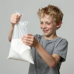 scrawny white boy delighted to be holding bag of white powder