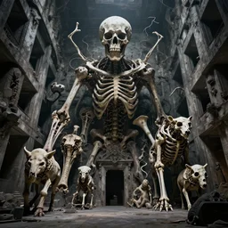 a hybrid of all animals, grotesque, bones, beksinski, in a dark massive place brutalism, large scale