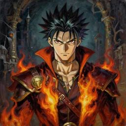Infernopunk Spike Spiegel Magician Portrait portrait portrait Dungeon Exterior Man TheWitcher3WildHunt TheElderScrollsOblivion Cover Art Face Head Eyes Snack Warlock Wearing Flame Vest Ismail Inceoglu Arnold Bocklin Jakub Rebelka dug stanat Anime Brushstrokes Oil Painting Impasto