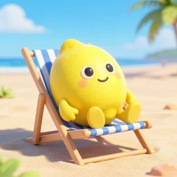 Pixar render of a lemon on the beach sitting on a beach chair, 4K, high octane render