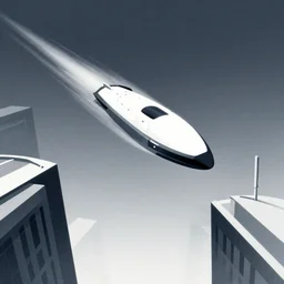 spaceship soaring between skyscrapers at great speed, minimalist, futuristic illustration by francois boucher