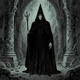 dark mage stands before the keep of poisoned tears by edward gorey,