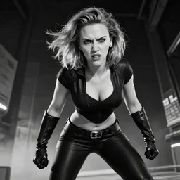 angry scarlett johansson as megaman, dramatic lighting hyper detail, black and white, wide angle lens