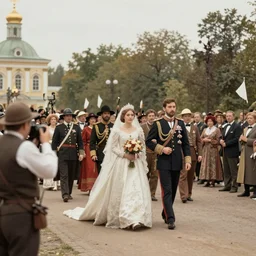 a wide full shot, colored russian and japanese mix historical fantasy of a photograph taken of a royal wedding processional ceremony, photographic portrait, warm lighting, 1 9 0 7 photo from the official wedding photographer for the royal wedding. ultra realistic, photorealistic, octane render, ray cinematic, film still.