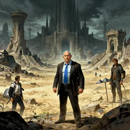 benjamin netanyahu as an explorer, exploring a deserted fallen kingdom, dark fantasy, sci - fi, benjamin netanyahu, by moebius and gediminas pranckevicius and greg rutkowsk