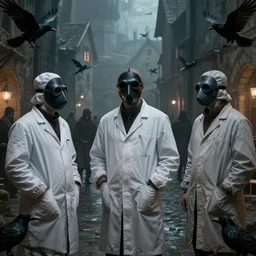 doctors wearing plague masks in a medieval city, dark theme, crows, by greg rutkowski, trending on artstation