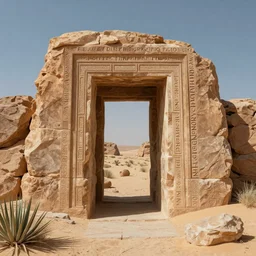 “a portal to another dimension in the desert. Stone architecture. Digital art. Hyper Realistic”
