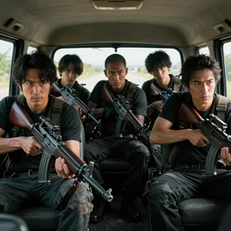 movie diverse interracial team of Japanese robbers armed with rifles interior van, beautiful skin, natural lighting by Emmanuel Lubezki