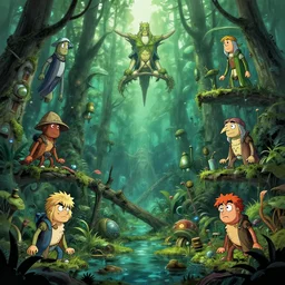 photo cartoon illustration comics manga painting of swampenvironement : 6 fantasy environement, digital painting, unreal engine, 8 k, volumetric lighting, contrast by john kirby by carl warner and jim woodring, trending on artstation