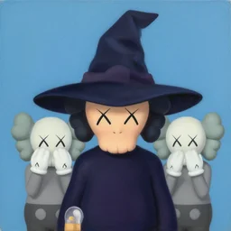 witch with hat by shusei nagaoka, kaws, david rudnick, airbrush on canvas, pastell colours, cell shaded, 8 k,