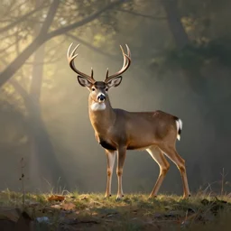 wide shot of a realistic proportioed alert buck white tail deer with large antlers standing on top of a hill with light shining through the trees in the early morning, global illumination, volumetric shadows, volumetric lighting digital painting, trending on artem, trending on deviantart,