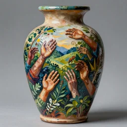 a garden of hands outsider art tempera painting on vase