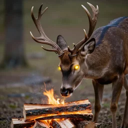 Hyper-realistic photo of a deer with glowing, yellow eyes chopping firewood using its antlers