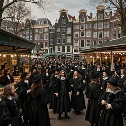 Amsterdam Fish Market with huge crowd of Calvinists dress in black in the 17th century. realistic, digital art. Photo realistic, hyperdetailed, HD, Octane Render Substance Designer. Hiroshi Yoshida, James Gurney, Norman Rockwell, Albert Bierstadt, Marc Simonetti, John Harris, Peter Mohrbacher, Ralph McQuarrie.