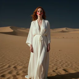 symmetry!! christina hendricks!!! full frontal body photography of skinny christina hendricks in white robes standing in the desert, blushing, red - cheeks!!, dim volumetric cinematic lighting, 8 k, detailed - face!!, red lips, post - processing, extremely hyper - detailed, intricate, epic composition, masterpiece, stunning, leica sl 2 5 0 mm