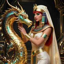 red - haired final fantasy white marble egyptian nun caressing her shiny rainbow dragon, warframe armor, regal, attractive, ornate, sultry, sexy, beautiful, pretty face, green eyes, scifi platform, 4 k, ultra realistic, epic lighting, illuminated, cinematic, black gold, art by alexandra petruk, voidstar