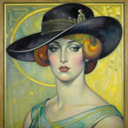 a painting of a woman with a hat on her head, an art deco painting by nick gentry, featured on behance, precisionism, art deco, detailed painting, airbrush art