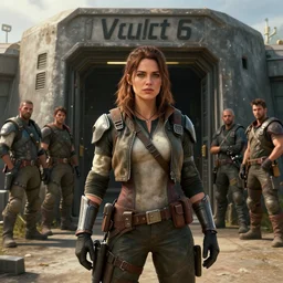 fallout 5, charismatic beautiful rugged brunette female protagonist, portrait, outdoors in front of the entrance of vault 1 5 6, atmospheric lighting, painted, intricate, volumetric lighting, beautiful, daytime, sunny weather, slight overcast, sharp focus, deep colours, ultra detailed, by leesha hannigan, ross tran, thierry doizon, kai carpenter, ignacio fernandez rios