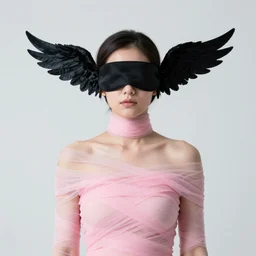 a woman with wrapped in pink tulle and eyes covered by a blindfold with black crow wings