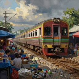 a train traveling down train tracks next to a market, bangkok, a hyperrealistic painting by ryan yee, shutterstock contest winner, magical realism, cluttered, behance hd, photorealistic