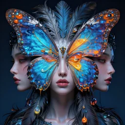 3 d goddess butterfly face portrait, face in the center, beautiful intricate highly detailed quetzalcoatl feathers. bioluminescent, blue liquid, orange liquid, yellow liquid, red liquid, artwork by tooth wu and wlop and beeple and greg rutkowski, 8 k trending on artstation, volumetric lighting