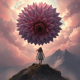 a giant dahlia flower crown head, girl walking on mountain, surreal photography, pink storm clouds, dramatic light, impressionist painting, digital painting, artstation, simon stalenhag
