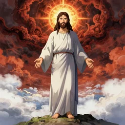 anime jesus standing on the line between heaven and hell, detailed face, highly detailed