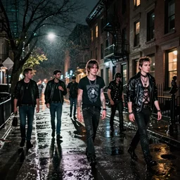 flash night photography of punks and goths on the lower east side, nighttime, raining!