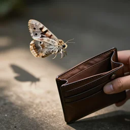 Moth flying away from open wallet