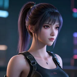 beautiful girl bust with pony hair,cyberpunk,realistic,cinematic,3d,night lighting