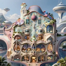intricate architectural rendering of futuristic spaceport futuristic houses amazing interiors by antoni gaudi, syd mead, studio ghibli, makoto shinkai, cinematic, art deco, parametric design, organic design, award winning, masterpiece, designboom, cgarchitect, trending on archinect, archillect, 8 k