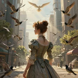 portrait of a victorian lady surrounded by flying birds in a futuristic city, from behind, streets, angels in the sky, sunlight and rays of light shining through trees, tall buildings on the sides, beautiful, solarpunk!!!, highly detailed, digital painting