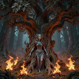 high intricate 3 d art of evil forest spirits burning the ancient forest, massive ancient tree, maria panfilova, andrea savchenko, mike kime, ludovic plouffe, qi sheng luo, oliver cook, david noren, trending on artstation